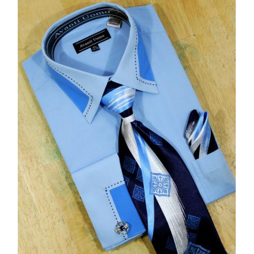 Avanti Uomo Light Blue / Ocean Blue With Navy Hand-Pick Stitching Shirt/Tie/Hanky Set DN34M